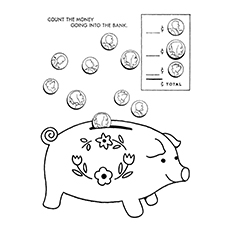 Count the money in the piggy bank coloring page