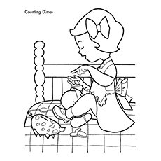 Girl counting dimes from piggy bank coloring page