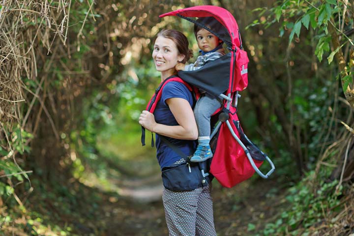 Mother and baby boy hiking