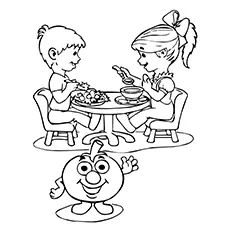 Coloring page of children enjoying tomato dishes