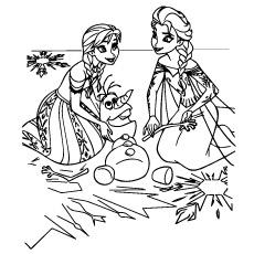 Anna and Elsa playing with Olaf, Frozen coloring page