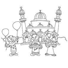 Children celebrating near Eidgah, Ramadan coloring page