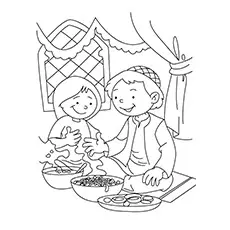Children enjoying delicacies, Ramadan coloring page