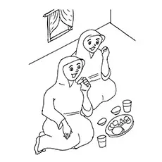 Devotees breaking the fast, Ramadan coloring page