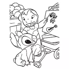 A coloring page of Lilo and Stitch experimenting