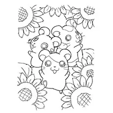 Hamtaro surrounded by sunflower coloring page