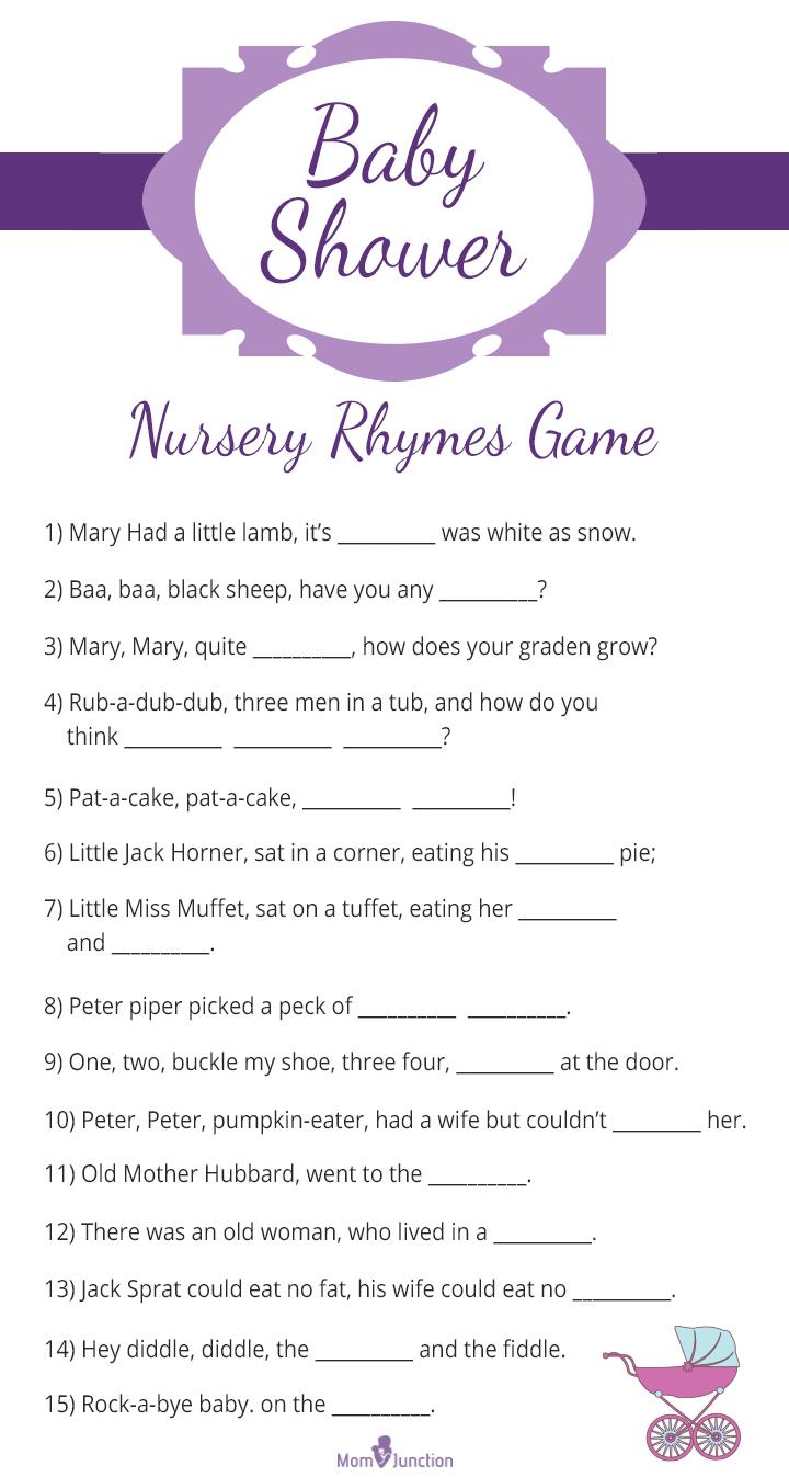 Printed nursery rhyme quiz for baby shower games