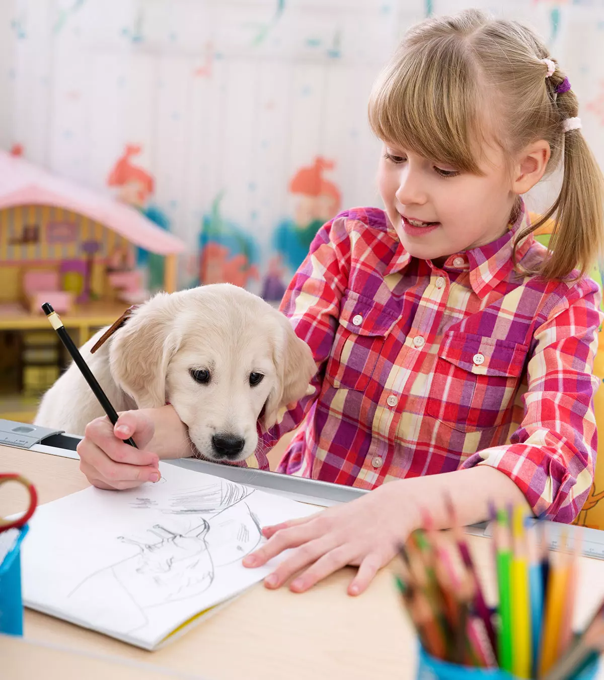 A Girl Drawing A Dog Art