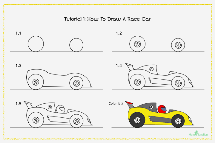 Draw a race car step by step for kids