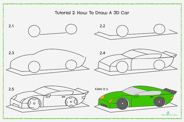 Draw a 3D car step by step for kids