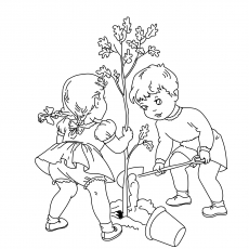 Planting trees on Arbor day, coloring page