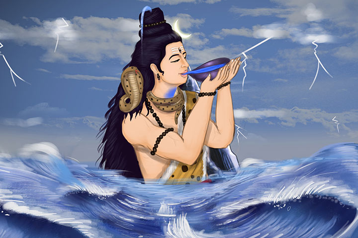 Lord Shiva drinks halahala poison which turns his throat blue