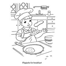 Child preparing pancakes for breakfast coloring page for your little ones