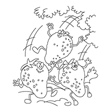 Three happy strawberries coloring page