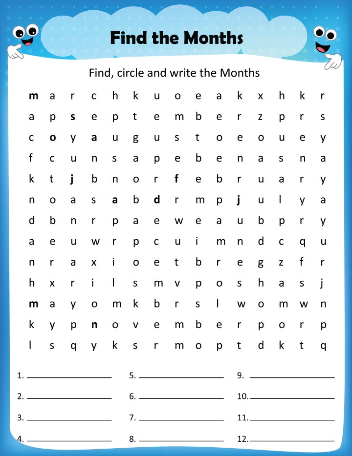 Months crossword puzzles for kids