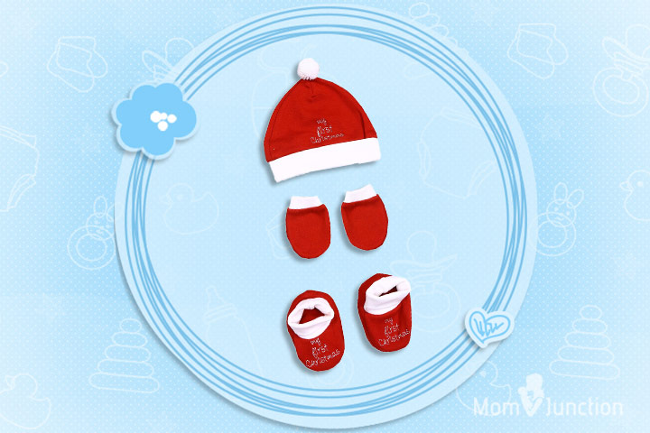 Christmas Outfits For Babies - Red And White Booty, Hat And Mitten Set