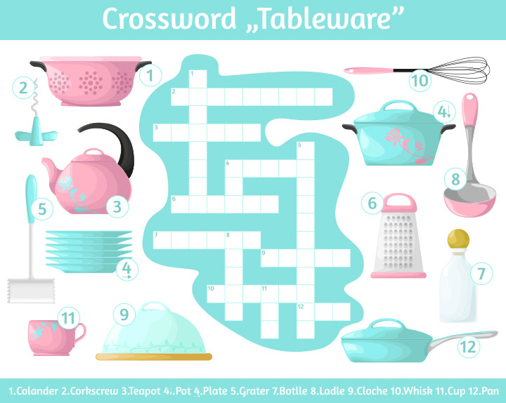 Tableware crossword puzzles for kids