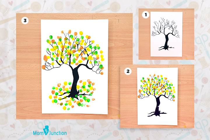 Thanksgiving tree card finger and thumb painting for kids