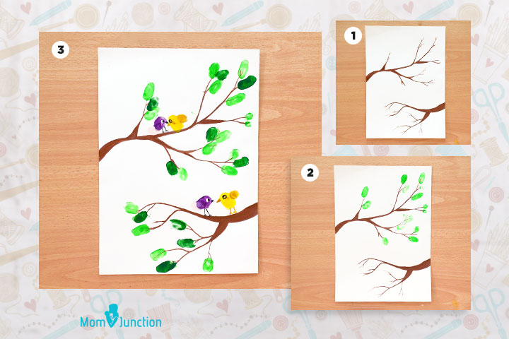 Tree with birds finger and thumb painting for kids