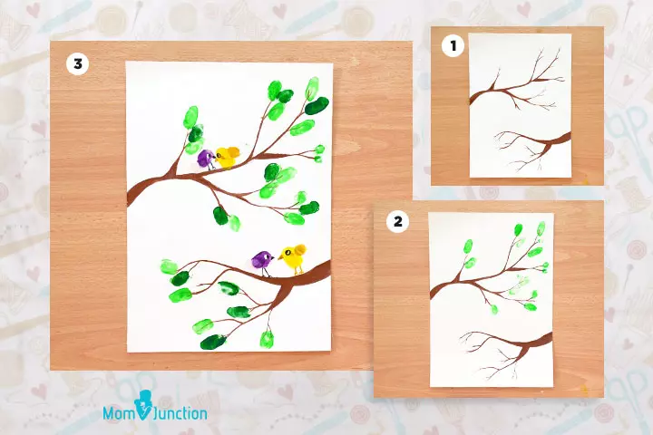 Tree with birds finger and thumb painting for kids