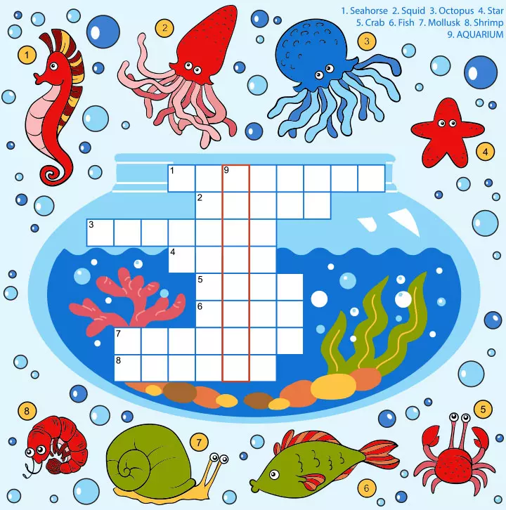 Underwater animals crossword puzzles for kids