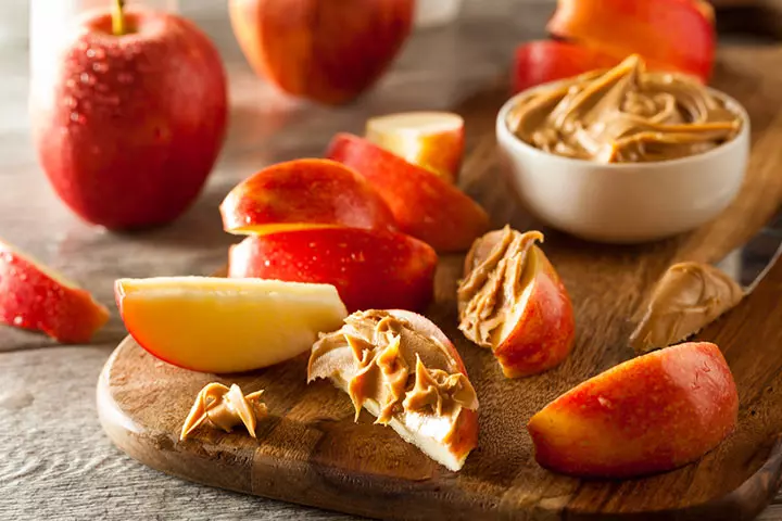 Apple and peanut butter, high protein snack for kids