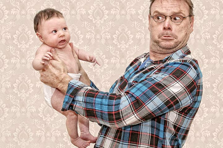 Dads won't hesitate making faces at their baby – even if that scares the baby off.