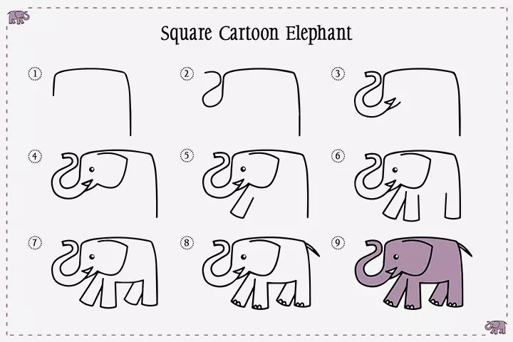 How to draw a square cartoon elephant for kids