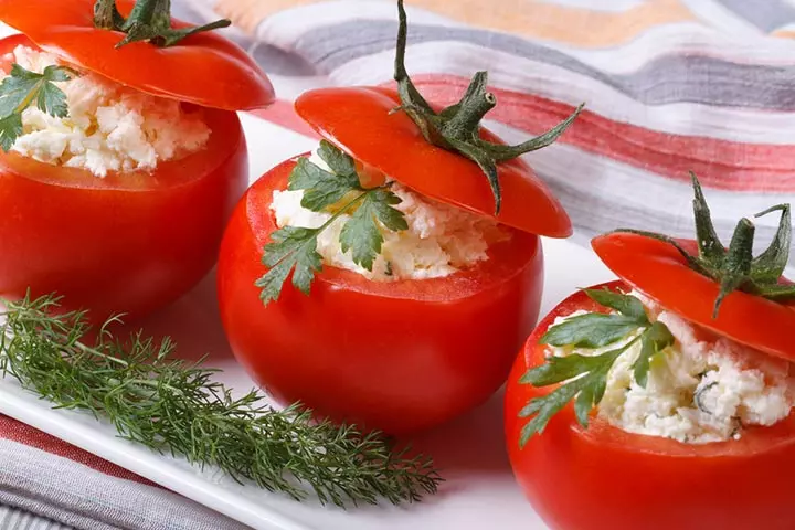 Tomato cups with avocado cottage cheese filling, high protein snacks for kids