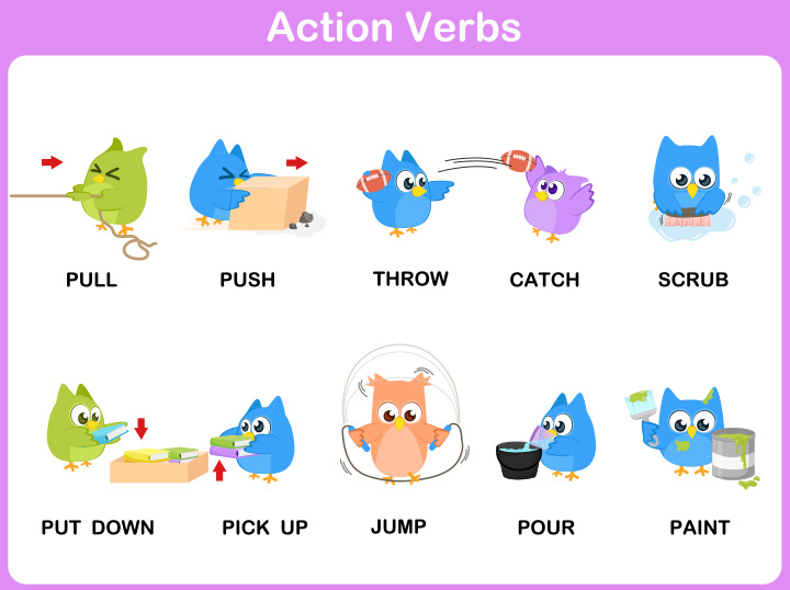 Action verb English worksheets for kids