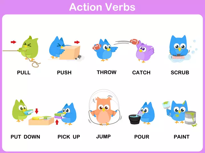 Action verb English worksheets for kids