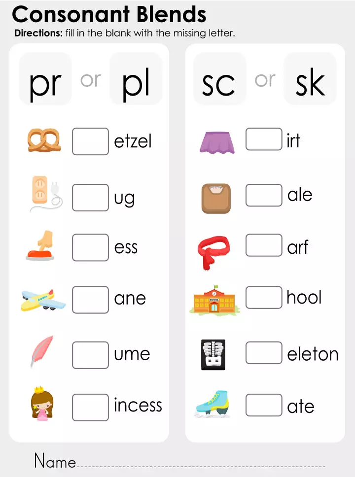 Consonant blend English worksheets for kids