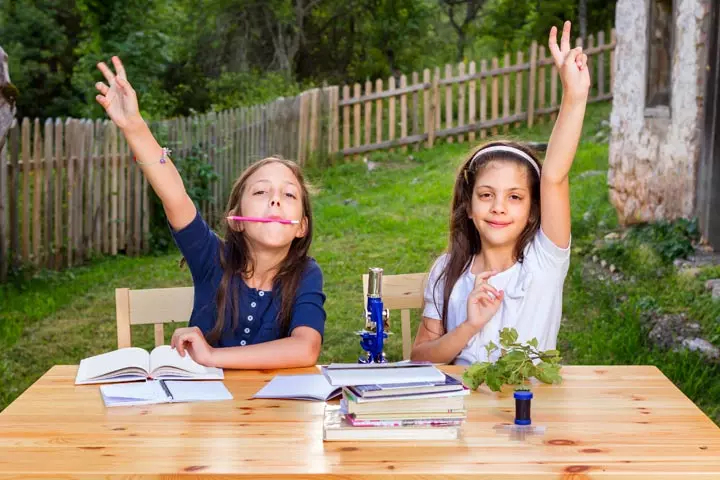 Wooden study table in the backyard idea for kids