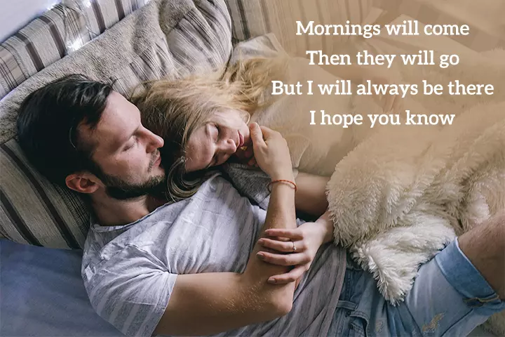 couple cuddle on couch and wishes wife a good morning