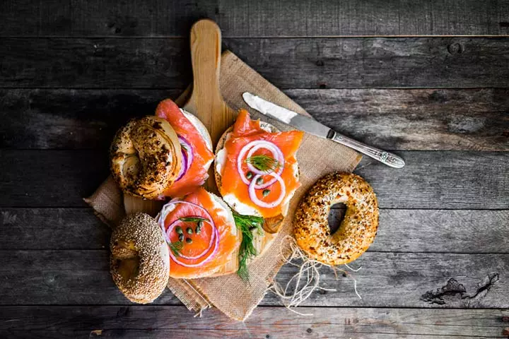 Bagel Sandwich with Cream Cheese And Baked Salmon