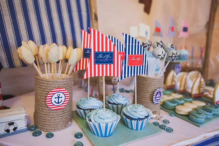 Nautical-themed baby shower table