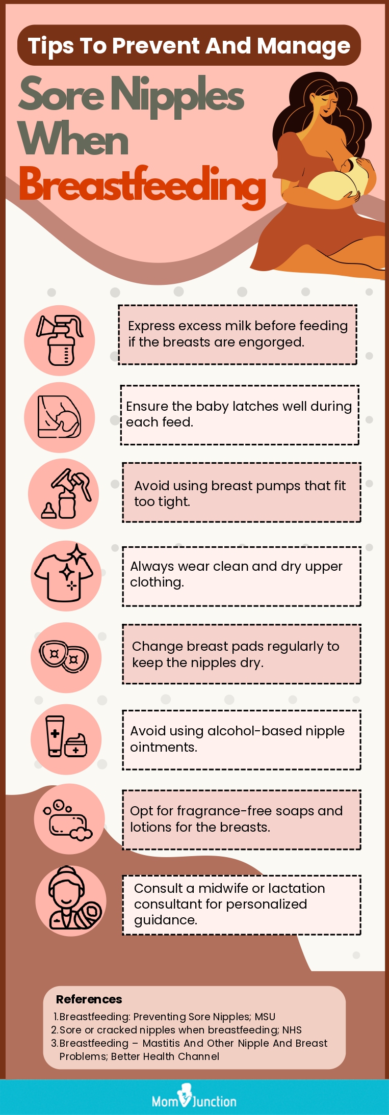 Tips To Prevent And Manage Sore Nipples When Breastfeeding (infographic)