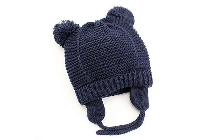 Blue, L 4-8 years old Baby Sherpa Winter Hat with Earflaps and Mittens Lined Warm Fleece Toddler Cap with velcro and Mittens Set for Boys Girls