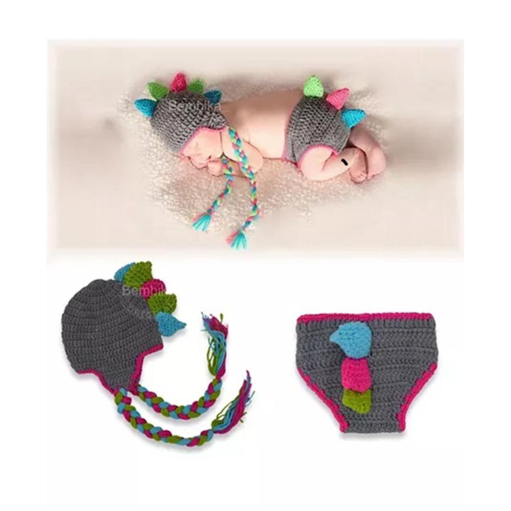 Bembika Knitted Chunky Dinosaur Cap & Diaper Cover Photo Prop Set