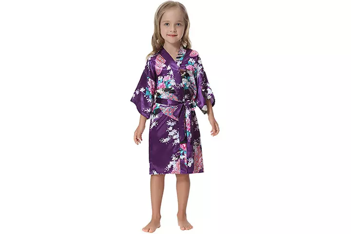 Aibrou Girls' Peacock Satin Kimono Robe