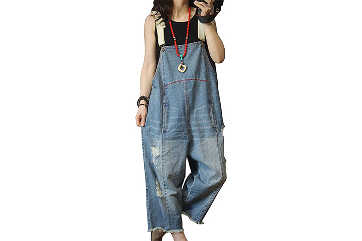 Fseason-Women Pockets Collection Denim Loose Overalls Bib Pants Playsuit