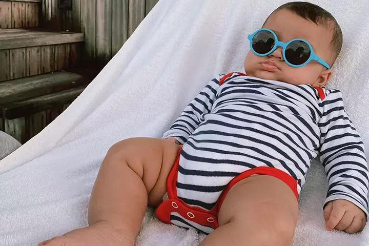 button in his striped