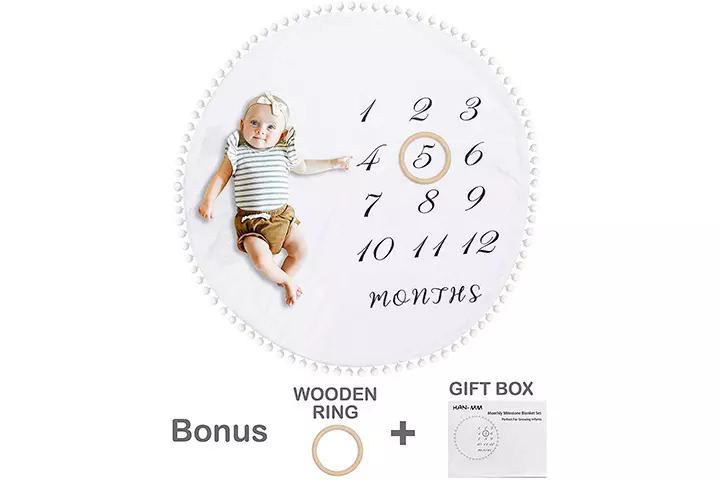 HAN-MM Baby Monthly Milestone Blanket with Wooden Circle Ring