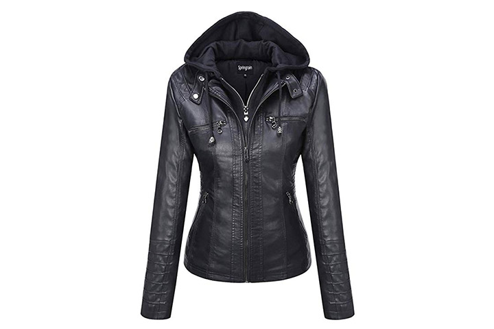 Springrain Women's Casual Stand Collar Detachable Hood PU Leather Jacket