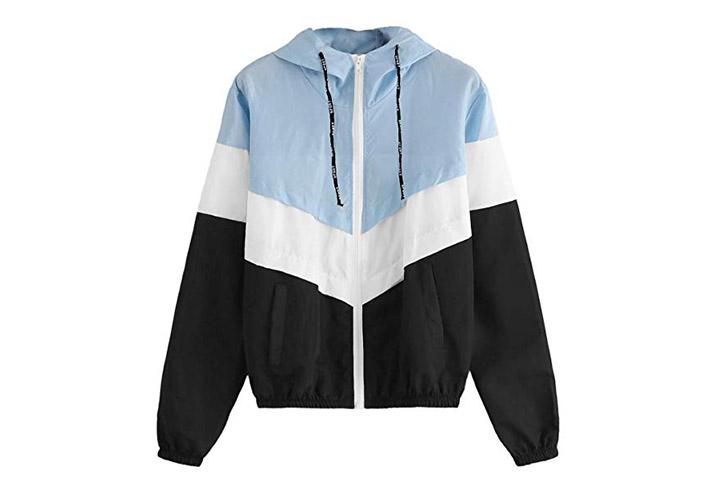 SweatyRocks Color Block Drawstring Hooded Windbreaker Jacket