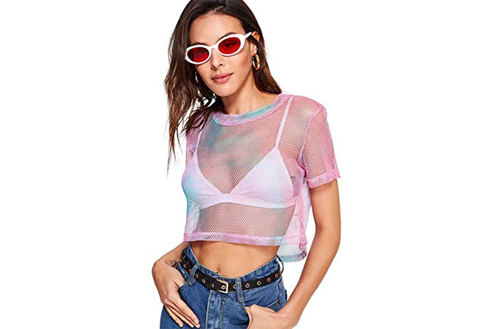 TOOPOOT Blouse for Women Sheer Mesh See-Through Short Sleeve Crop Tops Casual T Shirt 