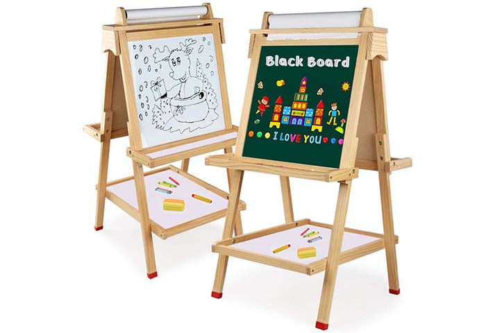 Kids Easel with Paper Roll Wooden Art Easel with Magnetic Chalkboard & White Board Standing Easel with Numbers and Other Accessories for Kids and Toddlers 