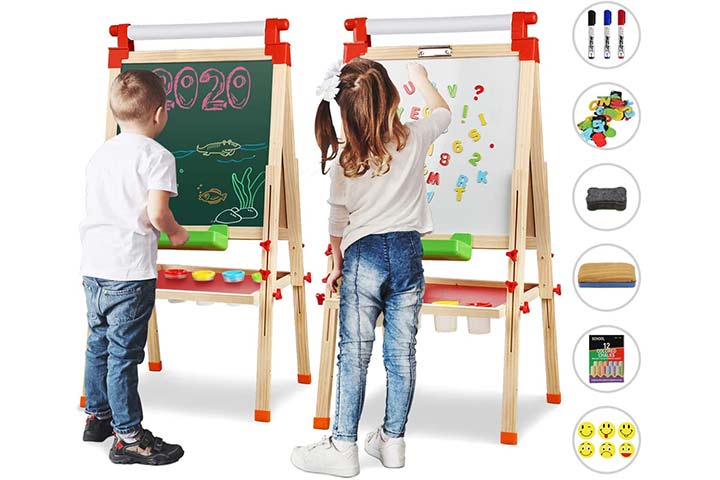 QDH Kids Tabletop Easel Double Sided Whiteboard & Chalkboard Art Easel for Kids Painting Writing Board Portable Toddler Art Board Set Educational Toys Travel Art Supplies for Boys Girls 