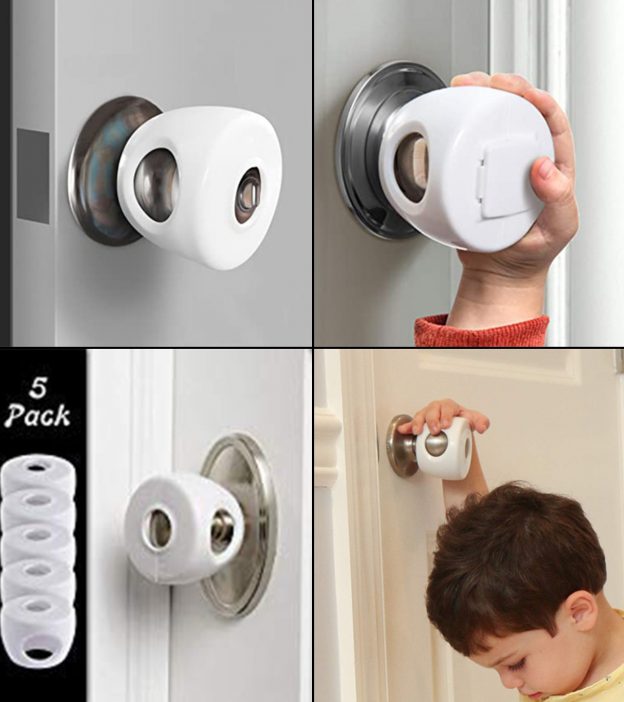 Installs Easily Reusable Baby Proof Door Knob Locks 4 Pack Hard-to-Remove Dual-Lock Door Handle Covers for Kids Child Safety Door Knob Cover No Tools Needed 