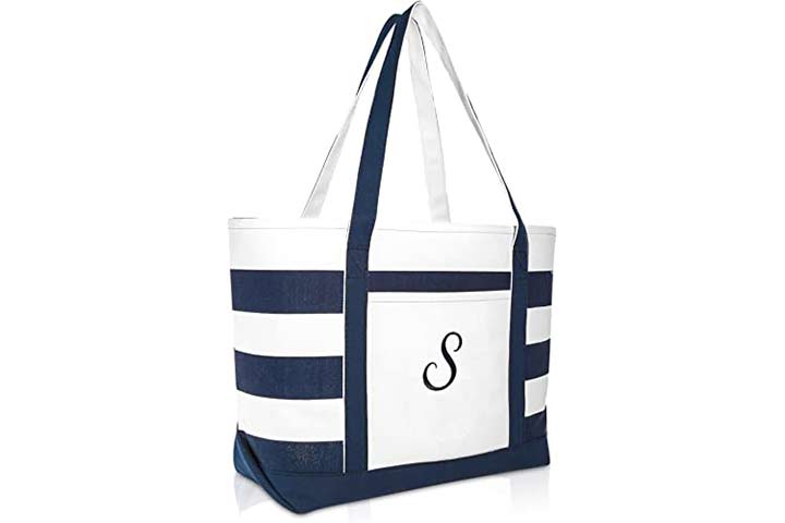 DALIX Premium Beach Bags Striped Navy Blue Zippered Tote Bag